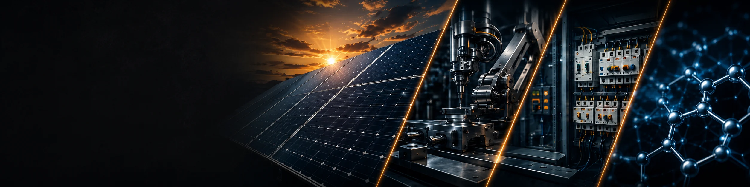 Paneles solares, maquinaria industrial, panel eléctrico y representación molecular de nanotecnología